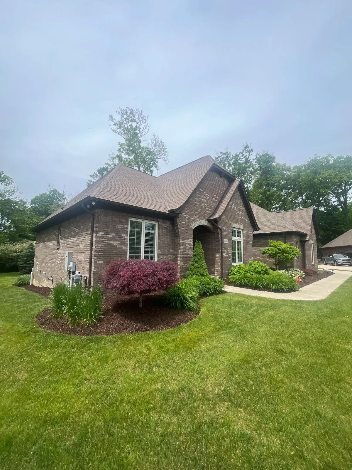 fresh mulch installed around a tree in a landscape bed in Macomb, MI